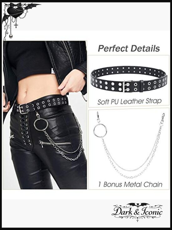 Punk Double Grommet Leather Belt with Detachable Chain Unisex